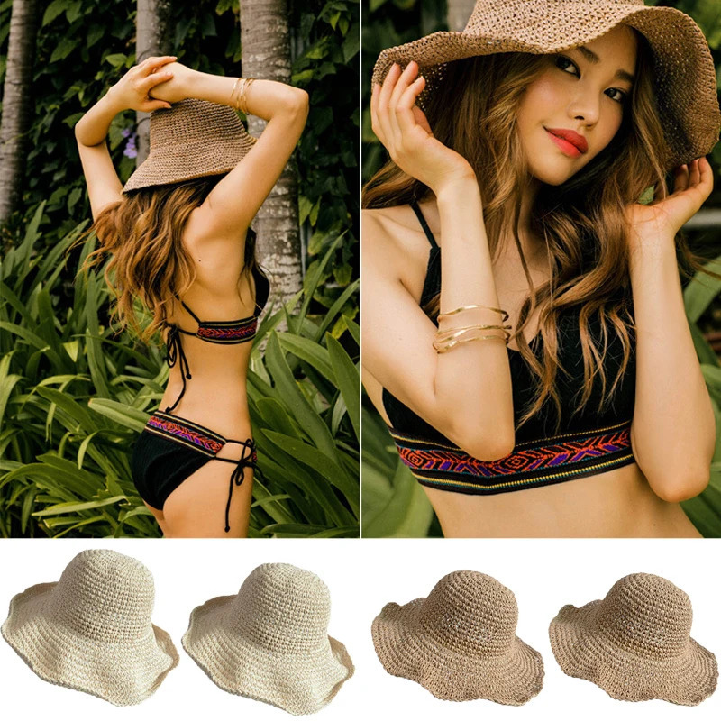 Fashion Womens Summer Pendant Cork Straw Hat Wide Brim Beach Folding Bow Flower Sun Selling 250326