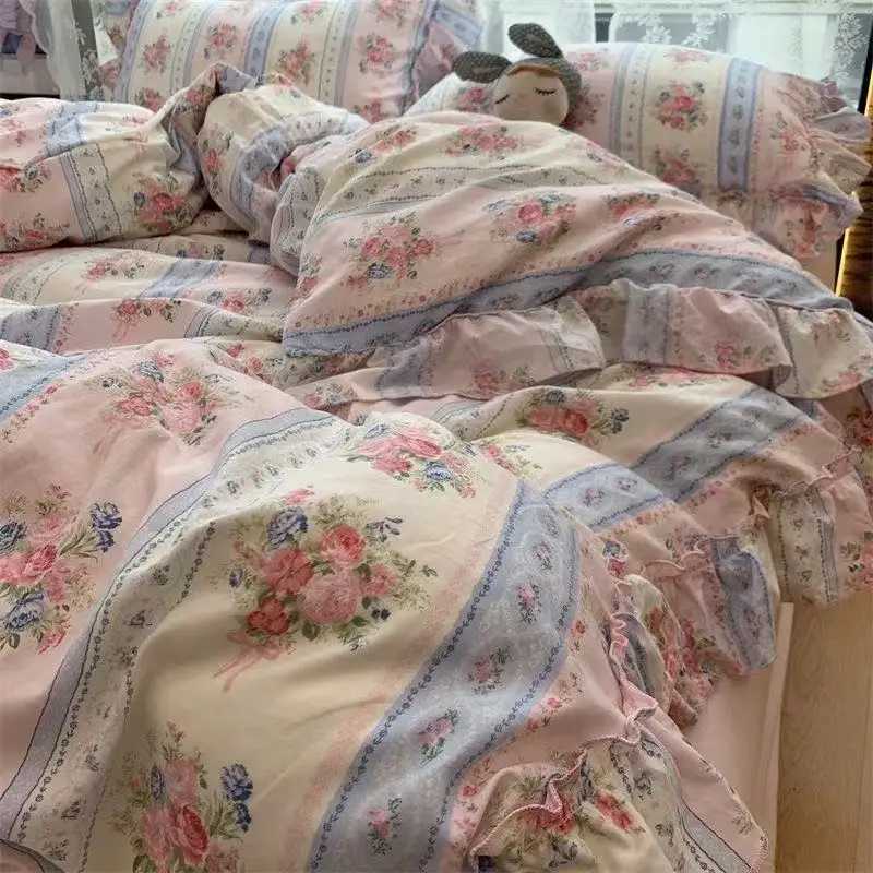 Designer Korean Style Princess Floral Bedding Set Washed Cotton Vintage French Pastoral Flowers Lace ruffles Duvet Cover Set Pillowcase Y251106