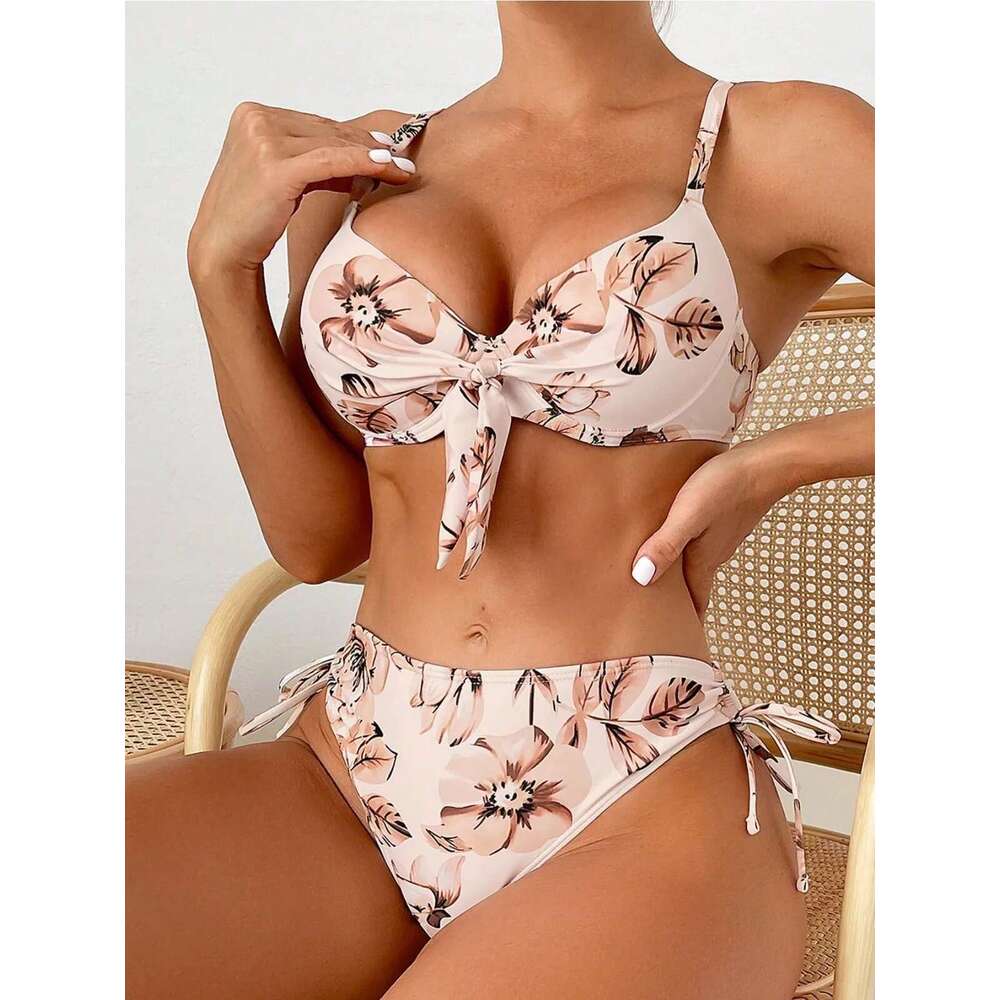Women's wer Print Two Piece Swimsuit High Waist Lace-up V-neck Bikini Set Bow Suspender Backless Beach Vacation Swimwear 2024