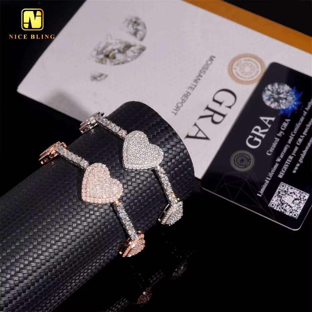 Fine Hip Hop Jewelry GRA Certificate Iced Out Custom 3mm White VVS Moissanite Heart Tennis Chain 925 Silver Link Chain Bracelet