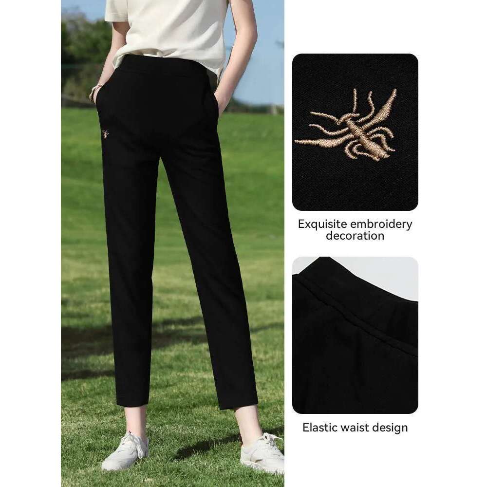 Black Embroidered Casual Summer 2025 Elastic Harun Pants High Waist Ankle-Length Trousers