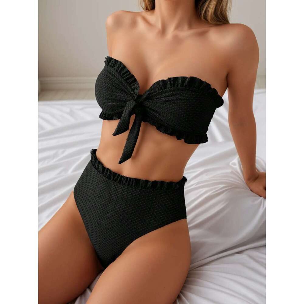 2024 Solid Color 2 Piece Swimsuit Sexy Ruffle Strapless Backless Bikini Set Beach Vacation High Waist Swimwear Bathing Suit New