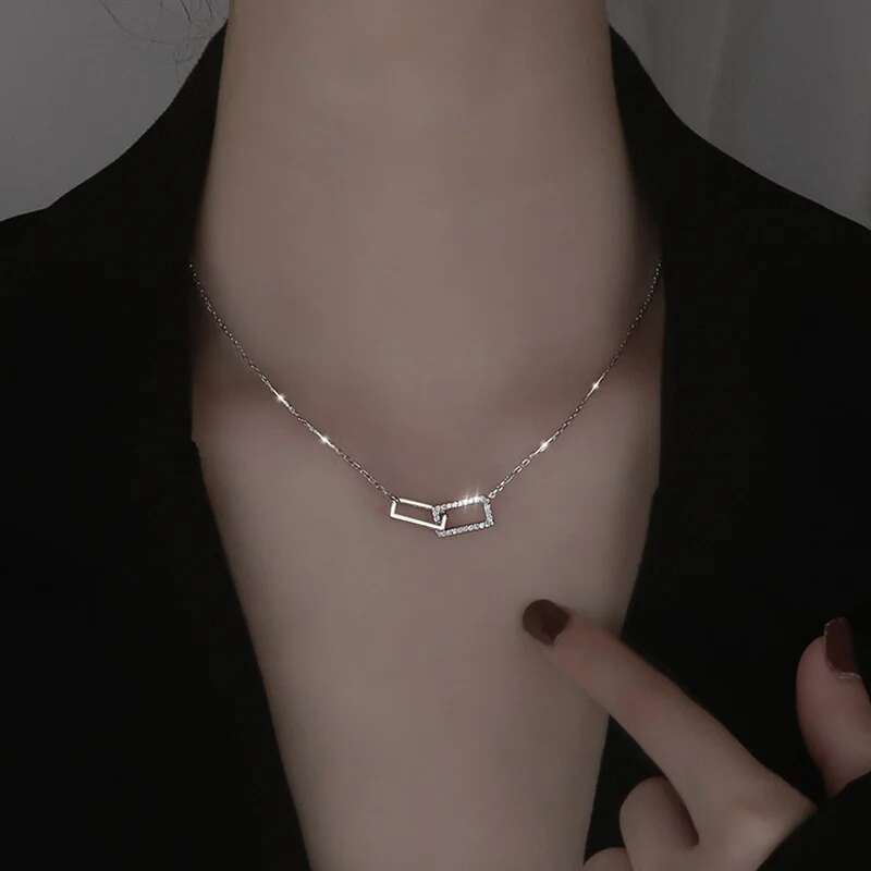 New S Sterg Sier Geometric Shiny Rectangle Pendant Zircon Zirconia Necklace for Girls Fine Jewelry Wholesale