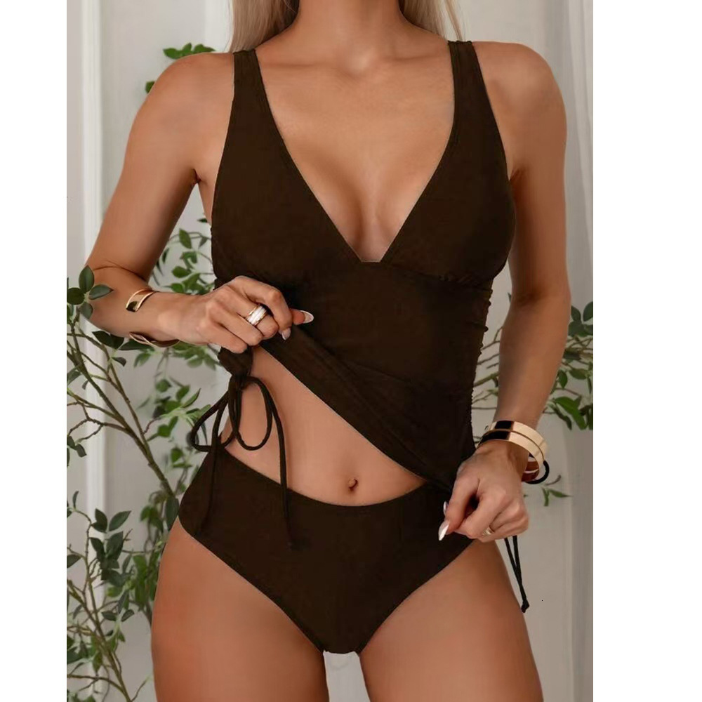 2025 drawstring slimming high waisted triangle pants split solid color bikini multi-color swimsuit for women