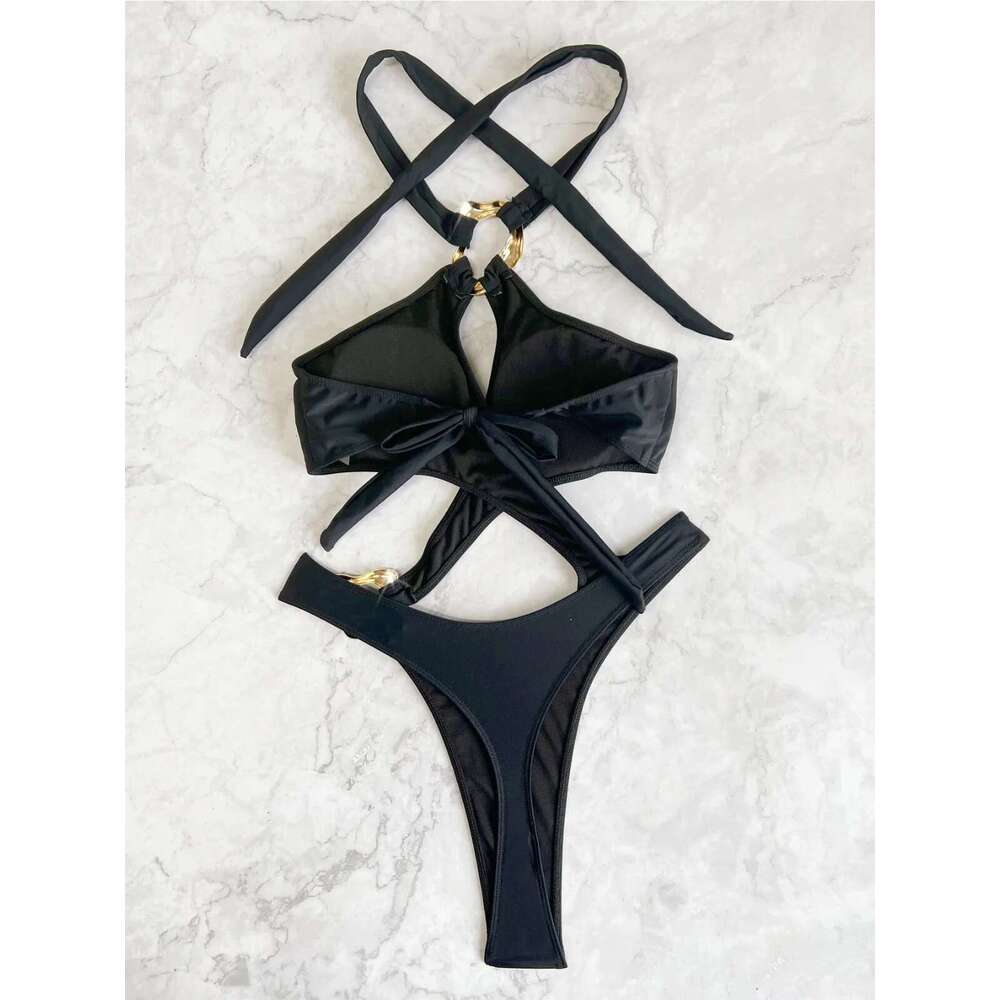 Solid Color Black One Piece Swimsuit for Women Irregular Hollow Out Bikini Monokini Sexy High Waist Cross Swimwear 2024 New