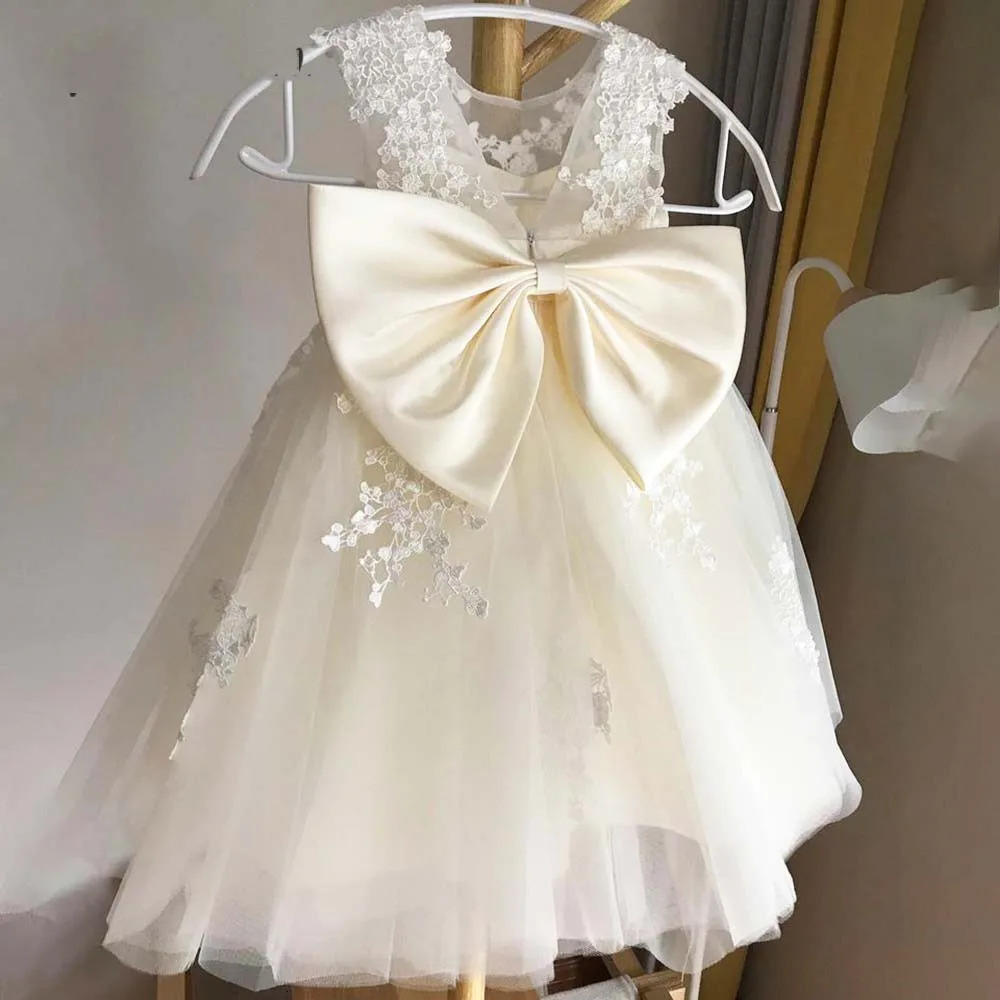 Tulle Peng Songhua Girl Dress Ivory Lace Satin Bow Sleeveless Childrens Birthday Ball Dress Princess First Communion Dress 250402