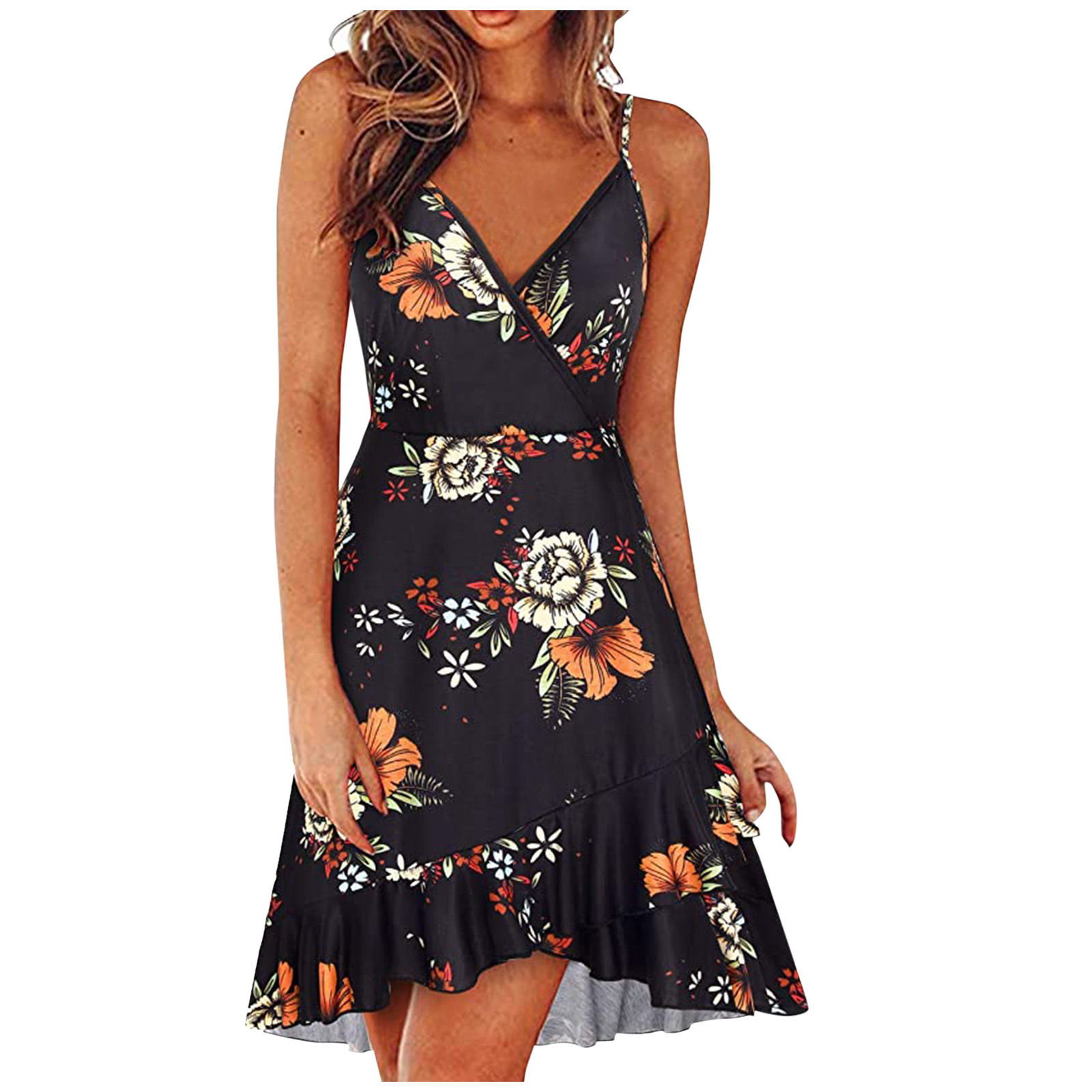 2025 Summer Womens Sexy and Fashionable V-neck Strap Sleeveless Bareback Colorful Printed Swing Dress