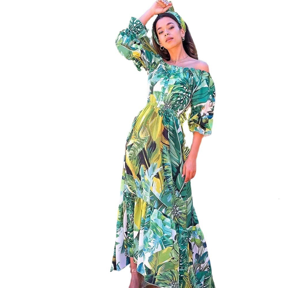 2025 New Spring/summer Womens Dress with Printed One Shoulder Slimming and Slimming Temperament Commuting Long Skirt