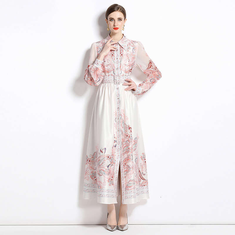 Cross-Border New Fashion In Stock Niche Design Women's Vintage Print Cardigan Single-Breasted Dress