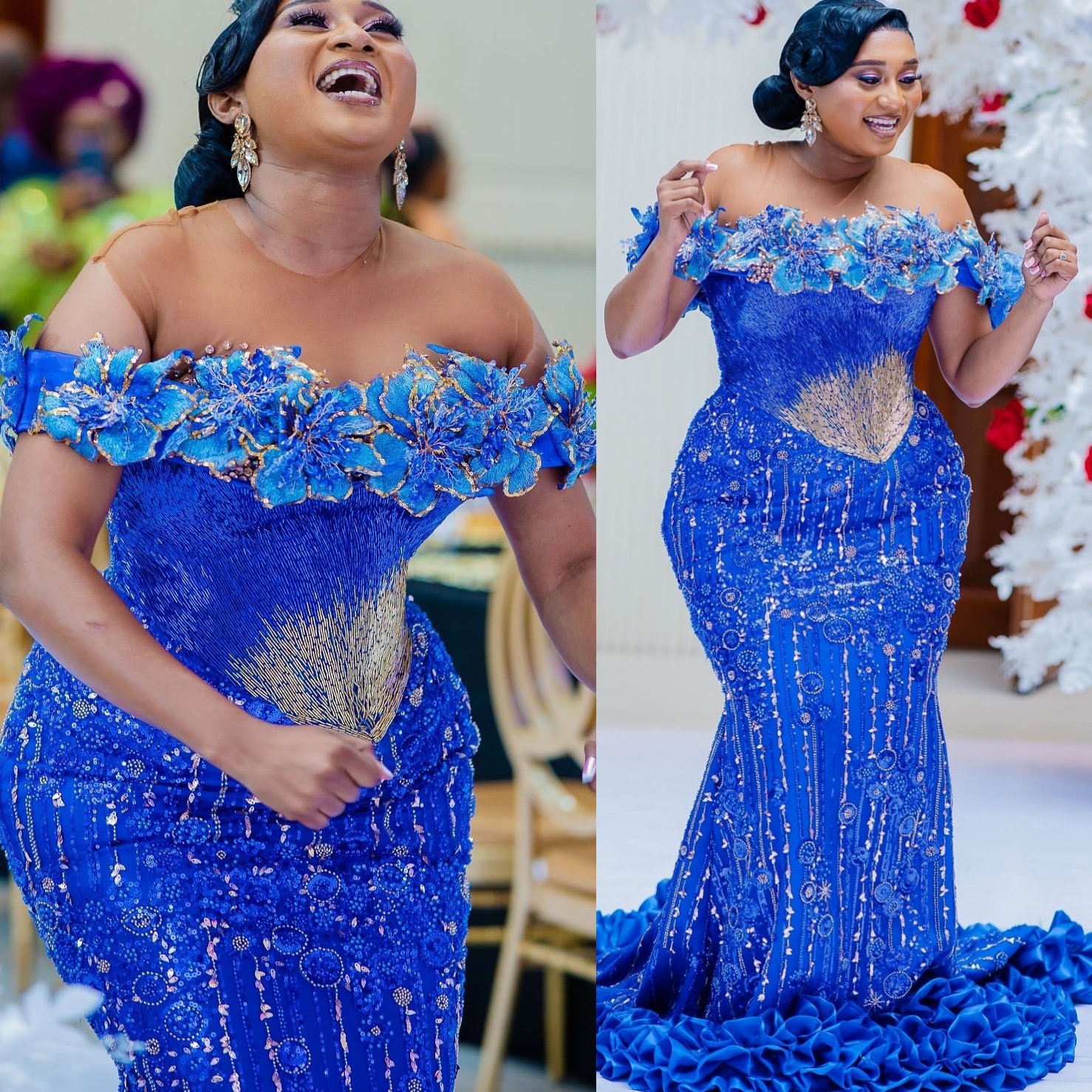 Blue Mermaid Prom Dresses 2026 Crystals Flowers Beaded Sequined Evening Formal Party Second Birthday Engagement Gowns Plus Size Dress For Special Occa