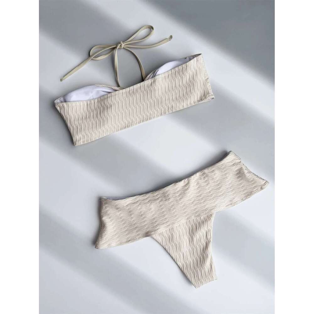 Women's Swimsuit,beige 2-piece Ruffle Beach Bikini,Suspender Halter Backless Swimwear,Solid Color Summer Bathng Suit,2025 New