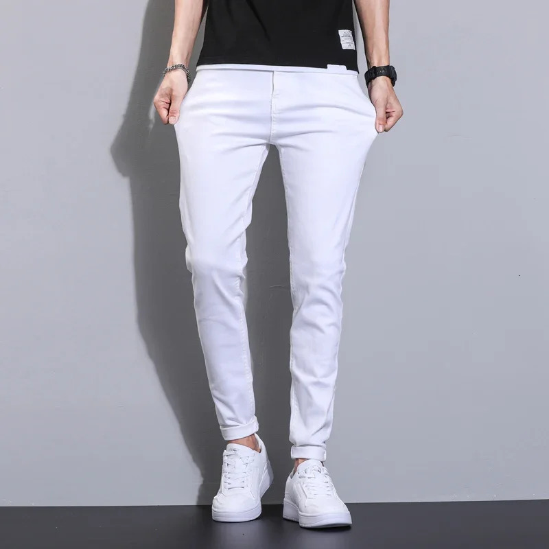 pure white 98 cotton ultrathin jeans for mens stretch and comfortable tight denim Trouser Korean classic fashion casual pants 250401