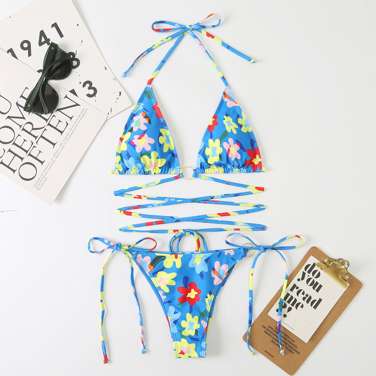 2025 New Split Triangle Sexy Swimsuit Women's Bikini Printed Multi Color