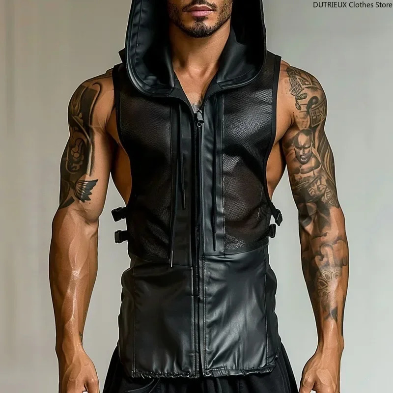 Mens leather patchwork mesh shirt motorcycle leather vest top sexy transparent hooded vest muscle vest mens fitness vest 250403