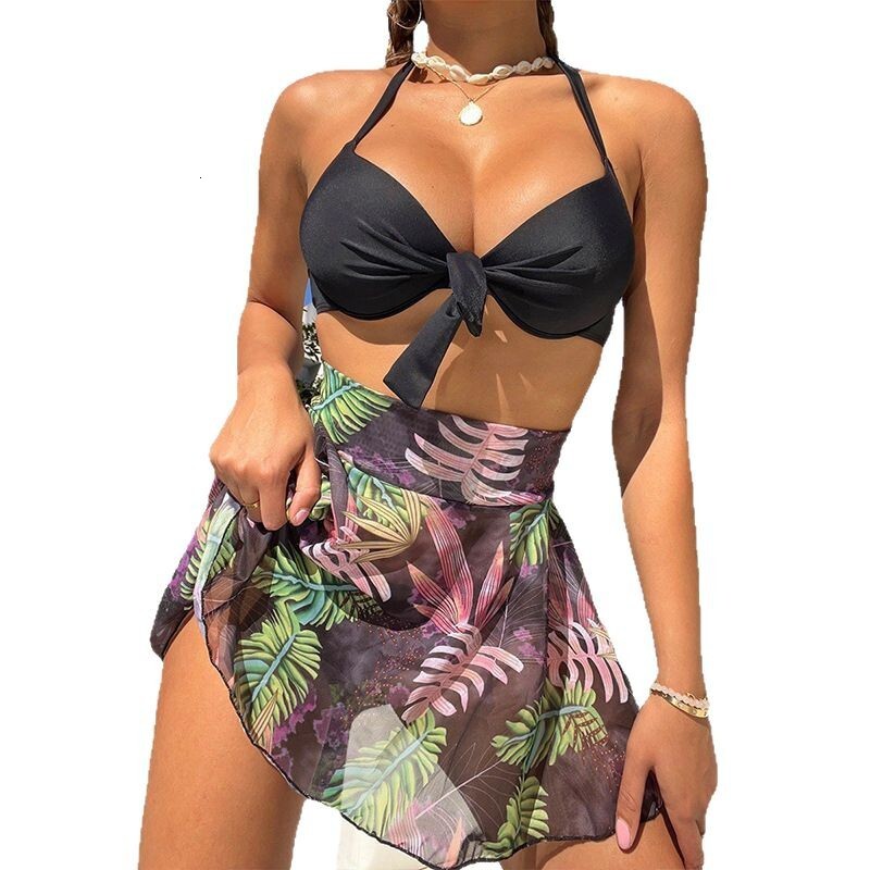 2025 Beach Vacation Solid Color Sexy Hard Bag Split Triangle Bikini Printed Yarn Skirt Swimsuit