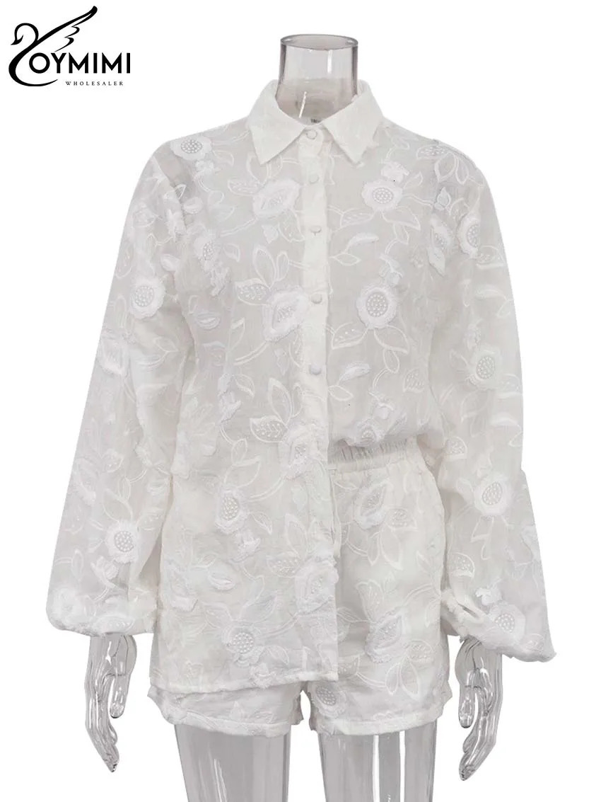 Oymimi Summer White Cotton 2-piece Womens Dress Casual Jacquard Button Wrist Shirt and High Waist Shorts Womens Set 250402