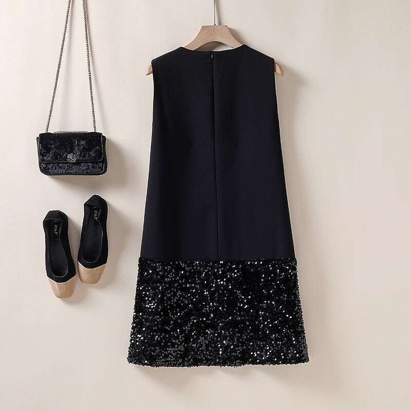 European and American Spring New Women's Clothing Heavy Sequin Bowknot Tank Petite Slimming Dress