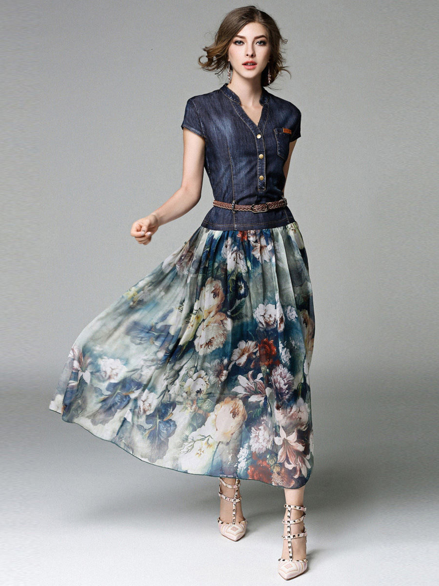 2025 Summer New Womens Dress Denim Print V-neck Slim Fit and Slimming Mid Length Skirt