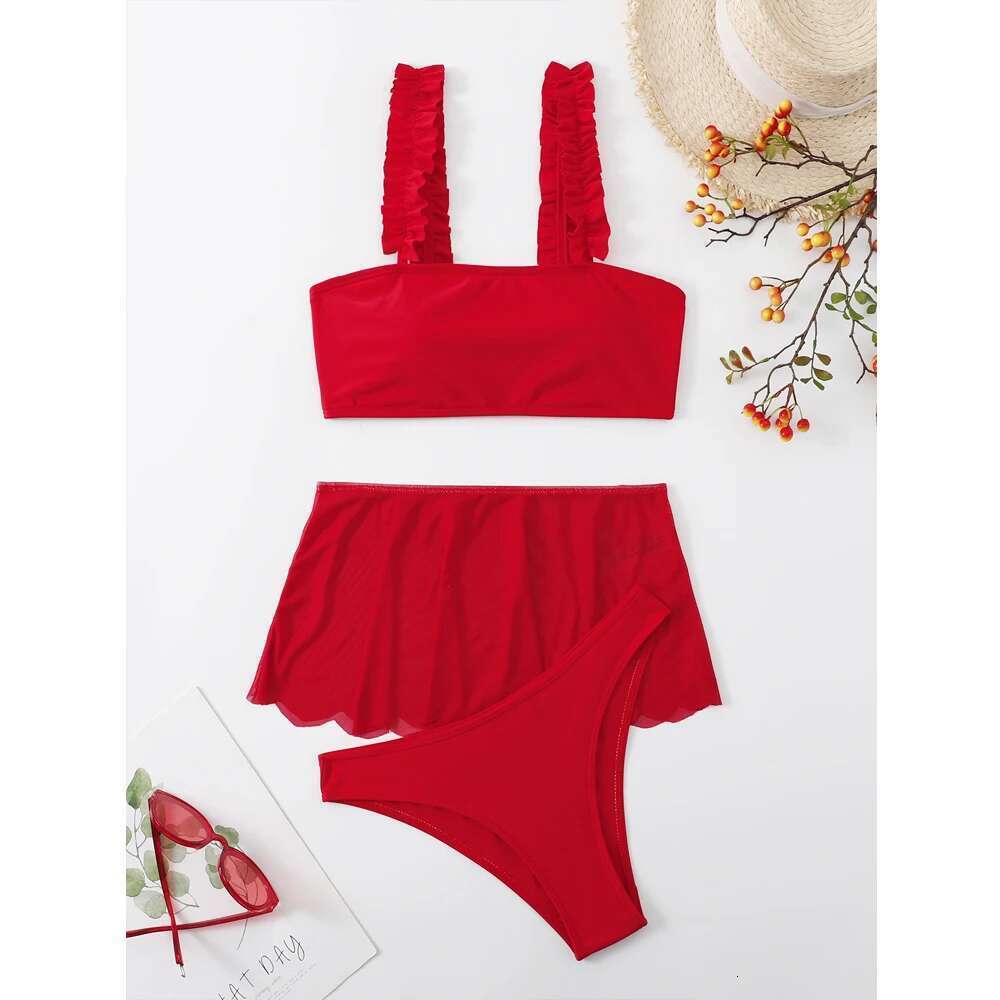 2023 Red Swimsuit Women Sexy High Waist Skirt Three-Piece Bikini Ruffle Suspender Chest Wrap Swimwear Summer Beach Bathing Suit