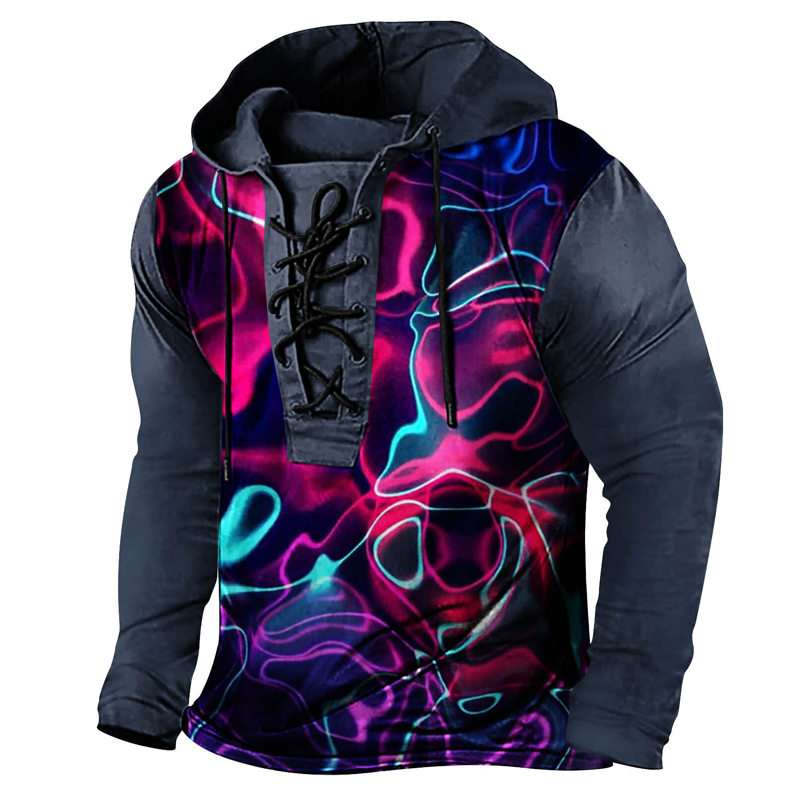 2024 New Spring Mens Digital Printed Tether Large Hooded Long Sleeve T-shirt