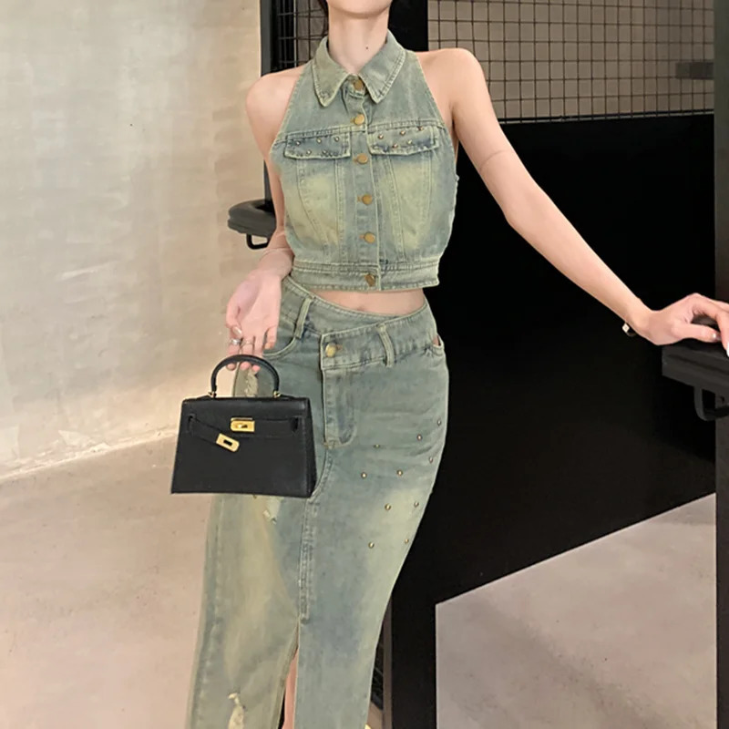 DEAT denim two-piece set womens suspender lapel vest fashionable wrap hip A-line high waist split short sleeved womens 33A3824 250402