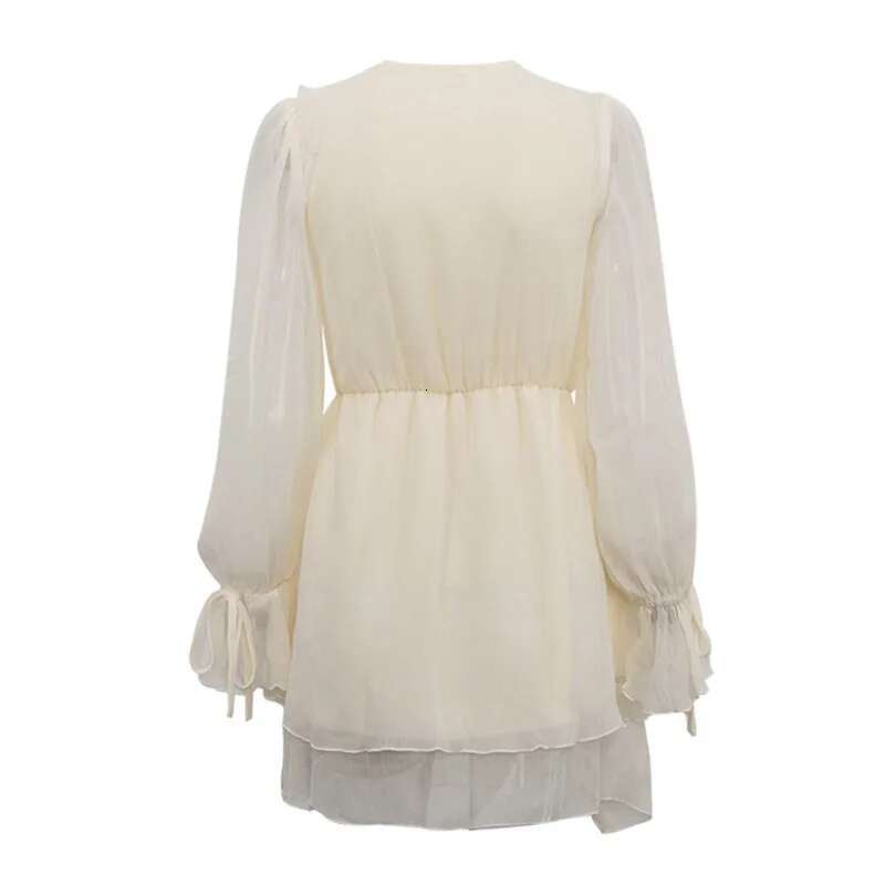 Women's Fashion Long Sleeves Ruffled Lace-Up Female V-Neck White Dresses Spring New Items 33A3756