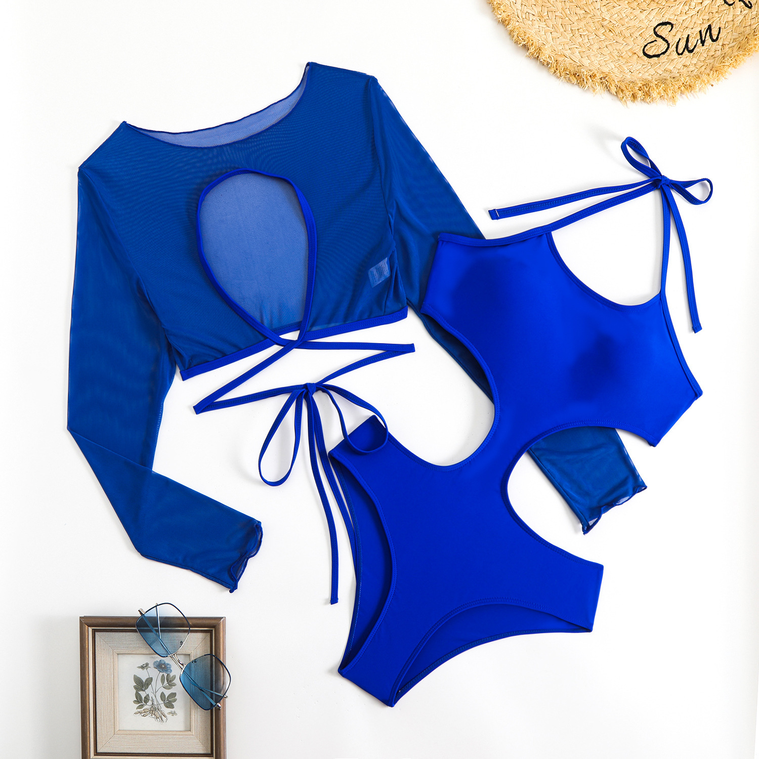 2025 New Conjoined Triangle Bikini Solid Color Sexy Mesh Long Sleeve Hoodie Holiday Set Swimsuit for Women