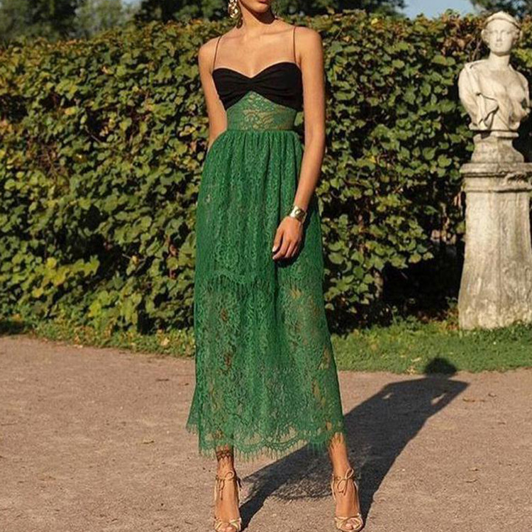 2025 Summer New Womens Dress with Strap Sexy Lace Green Hollow Out Vacation Multi Layer Long Dress
