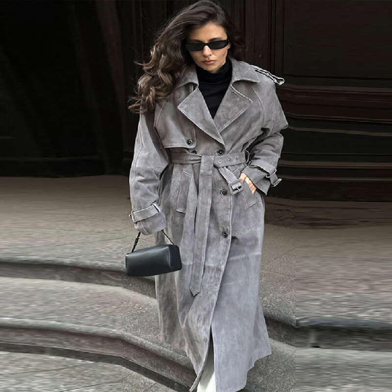 In Stock--2024 European and American Amazon Cross-Border New Women's Autumn Winter with Turn-Down Collar, Double-Breasted, Extended Length Trench