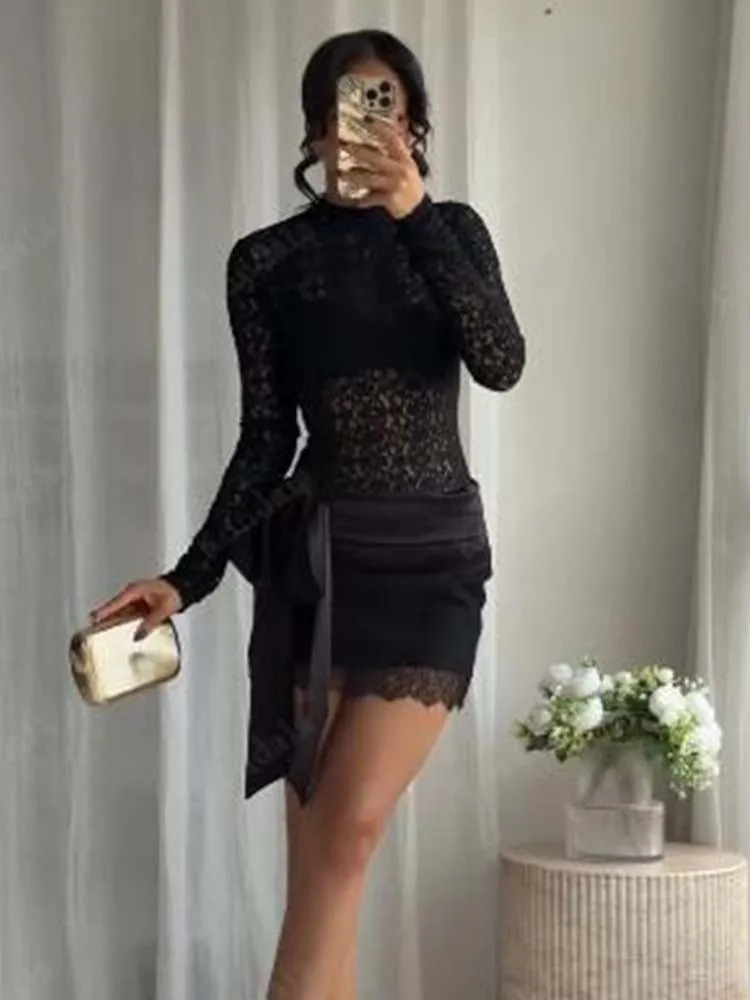 Chic Fashion Bow Splicing Lace Mini Skirts Two Piece Sets For Women Bodysuits Top Womens Suits Elegant Woman Outfits 251106