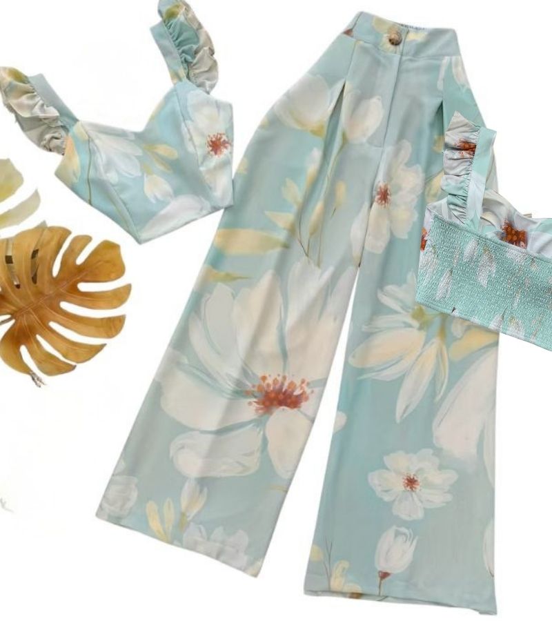 Chic Vacation Ready Fashion Accessory Elegant Feminine Polka Dot Garb Consisting of Flowy Bottoms Plus Trimmed Bustier---1774