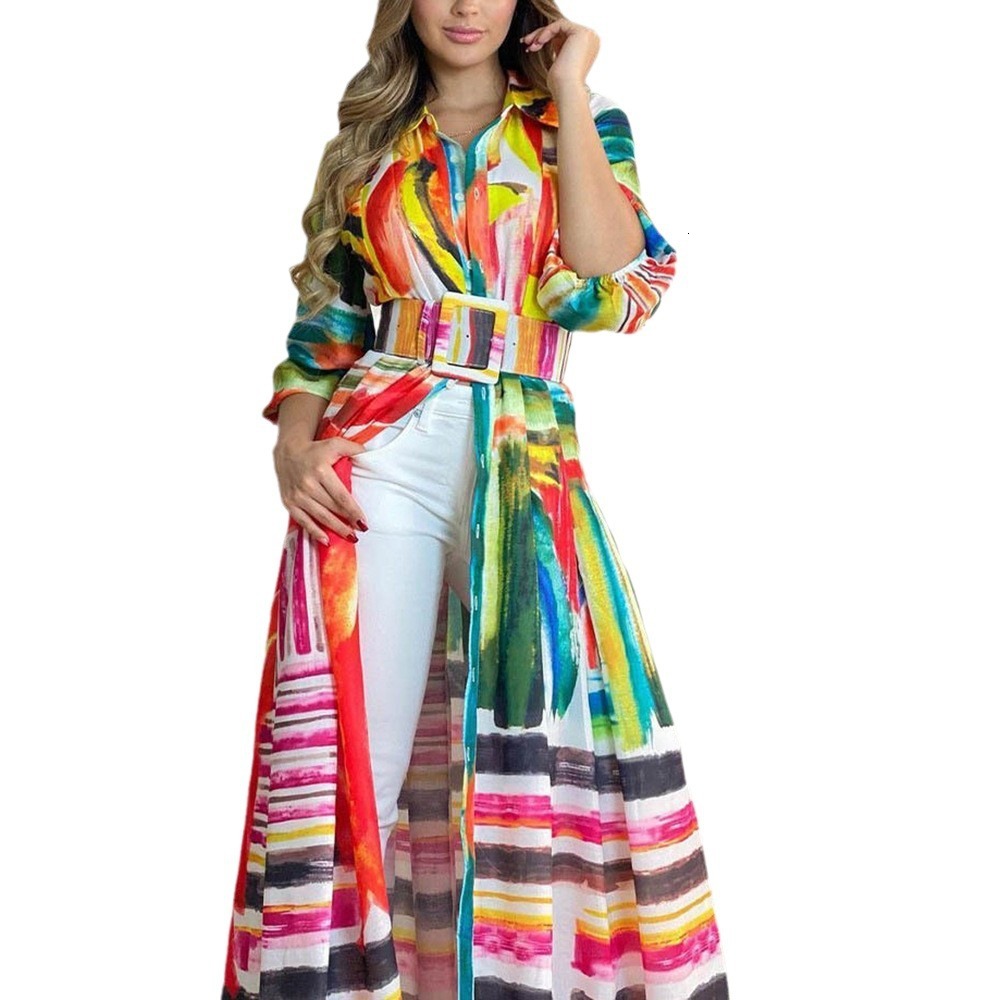 2025 Womens New Colorful Printed Strap Long Shirt Dress Loose Cardigan Long Skirt