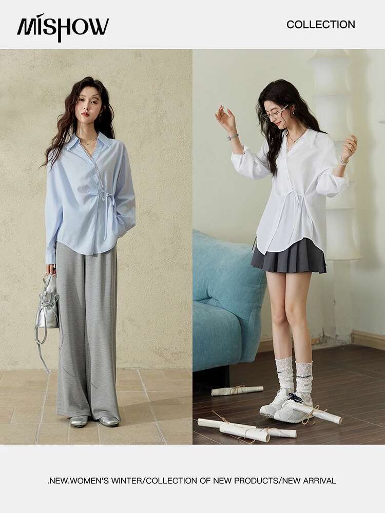 MISHOW Women's French Lyocell Shirt 2025 Spring Lapel V-neck Patchwork Lace Tops Diagonal Placket Lace-up Commute Top MXE11C0389