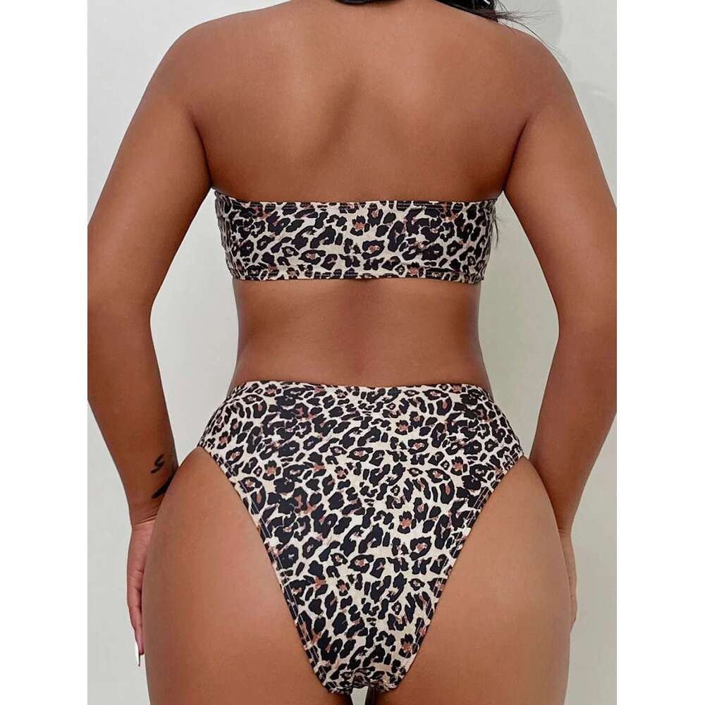 Sexy Leopard Print Two Piece Swimsuit for Women Strapless Backless Bikini Set High Waist Beach Vacation Bathing Suit Swimwear