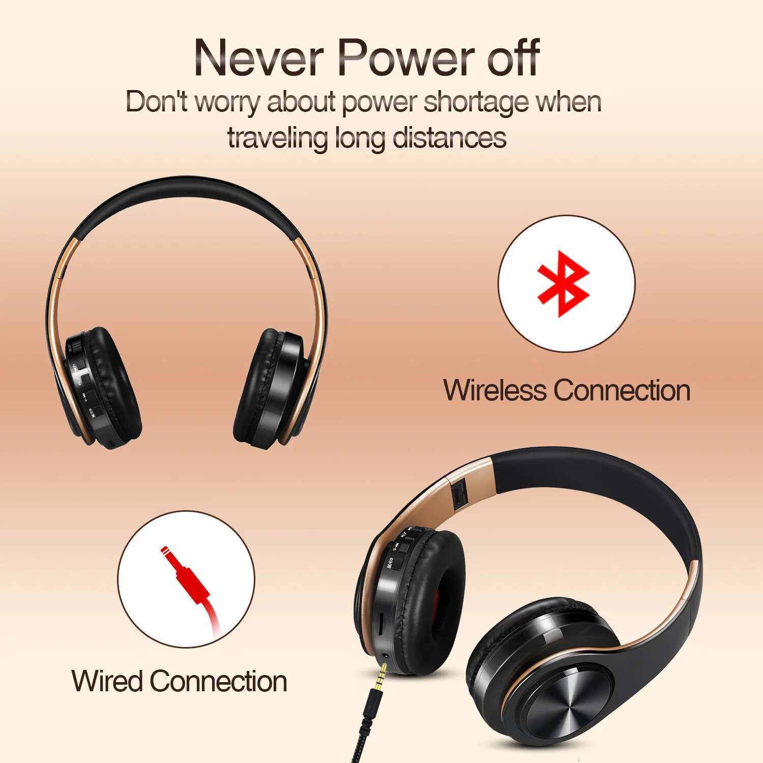 Men Gift Gold Wireless Headphones Bluetooth Earphone Stereo Headset Build-in MIC with 3.5mm Jack for Xiaomi Samsung IPHONE