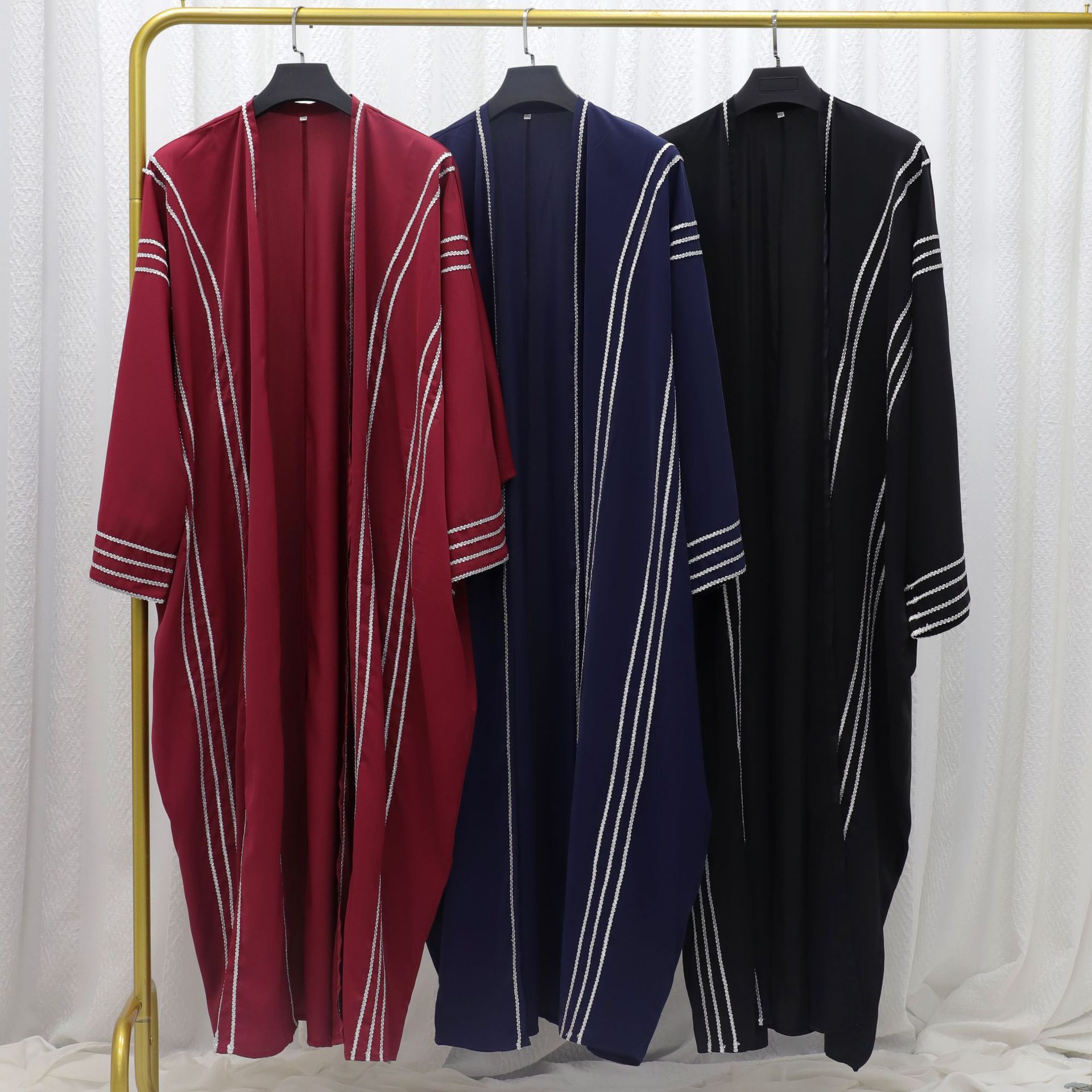 Dubai Women's Solid Color Ribbon Trimmed Long Robe Cardigan Abaya Maxi Dresses Islamic Clothing