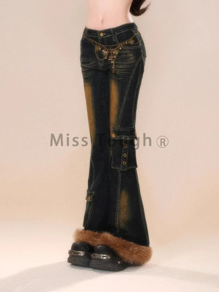 American Y2K Retro Plush Stitching Micro Flared Jeans Women Gyaru Denim Slim Cargo Pants Cyber Punk Hippop 2000s Tomboy Z260313