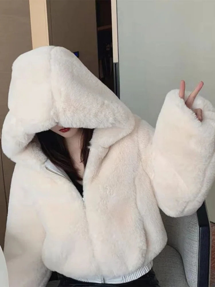 Short Faux Rabbit Fur Coat Women Crop Top Winter Thicken Warm Clothing Small Furry Hooded Faux Fur Jacket Fluffy Jackets 251105