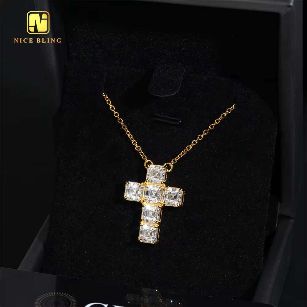 Classic Asscher Cut Women Link Chain Iced Out 925 Sterling Silver VVS Moissanite Diamond Women Jewelry Cross Pendant Necklace