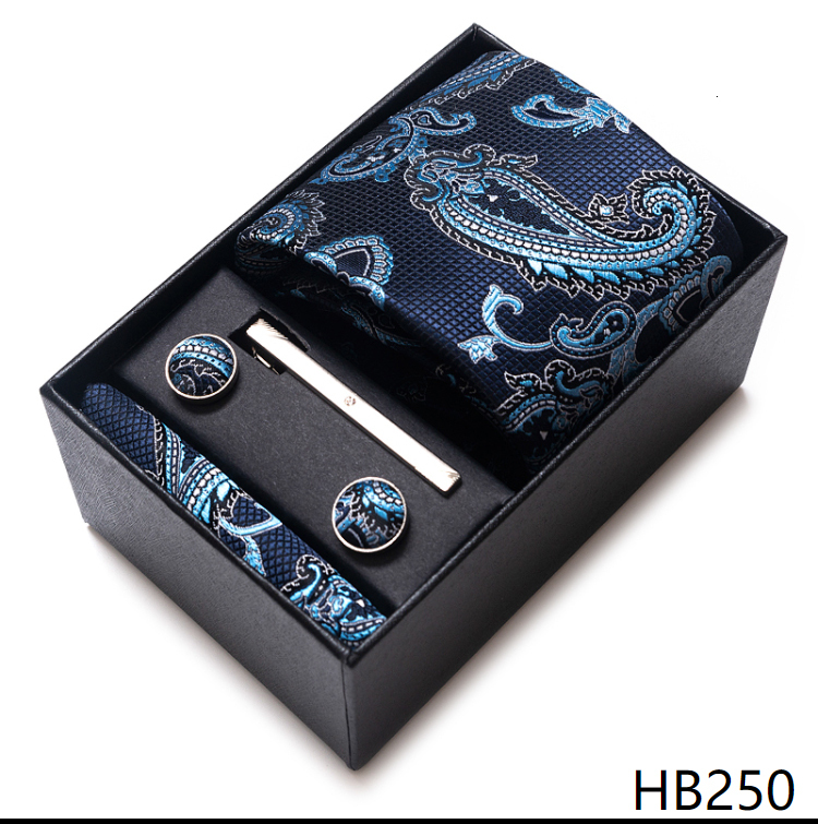 Luxury 8 cm 100% Silk Tie Pocket Squares Cufflink Set Necktie Box Blue Striped Wine Red Memorial Day Accessories Men Workplace