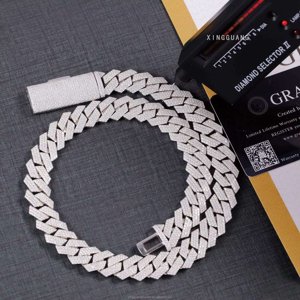 Hip Hop Jewelry k Necklace 3rows 15mm Sterg Sier VVS Moissanite Iced Out Dia Cuban Chain for Men