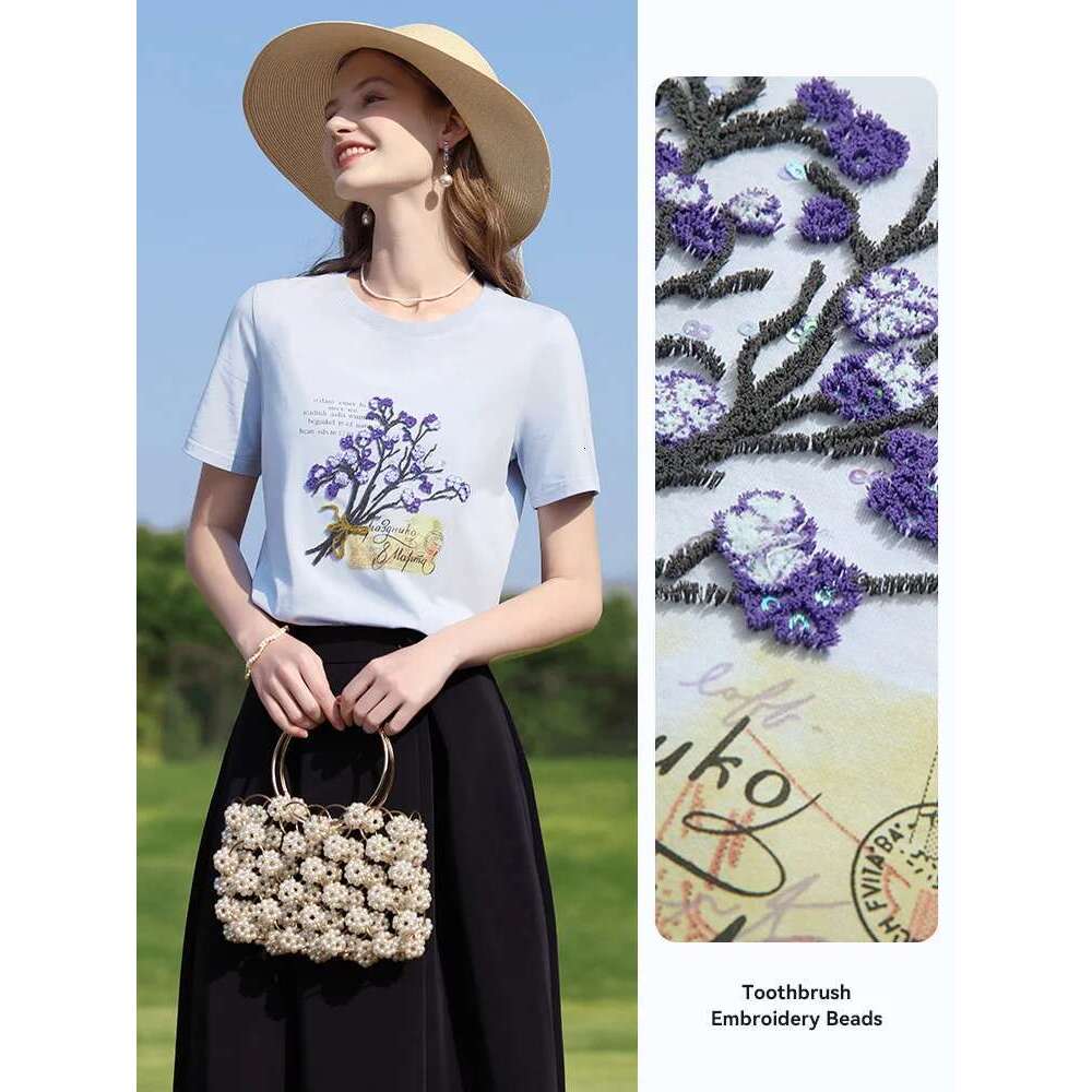 Beads Embroidered T-Shirt Female 2025 Summer Letter Printing Casual Top Short Sleeve Cool Cotton Tees