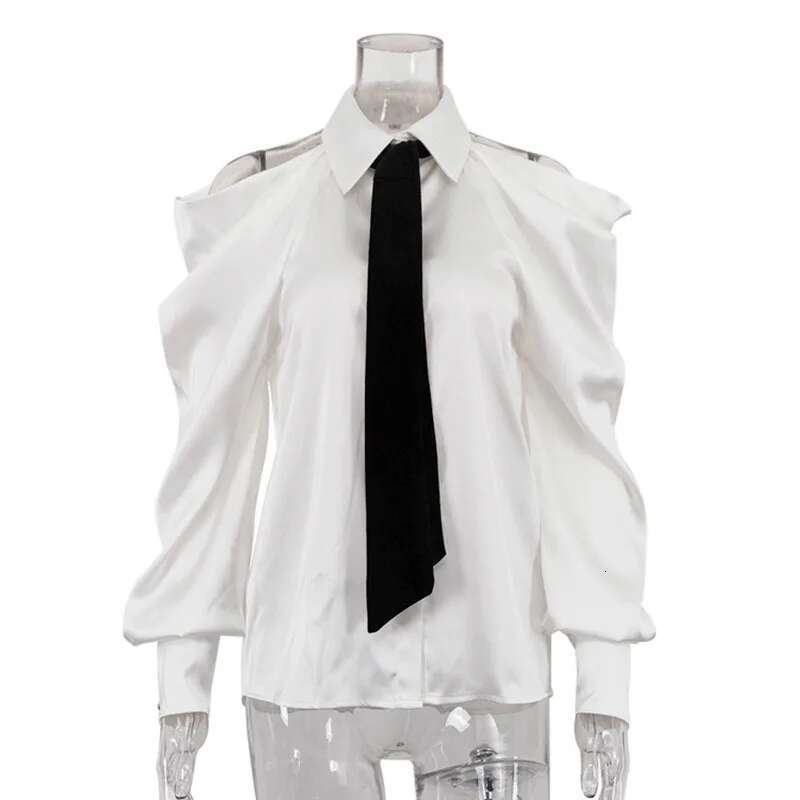 Women's Fashion Off Shoulder Halter White Blouse Spring New Arrival Long Sleeves Lapel Shirts With Tie Female 33A3763