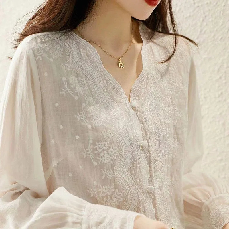 Elegant V-Neck Long Sleeve Linen Blouse Autumn Loose Tops French Style Embroidery Flower Lace Womens Shirt Sweet Blusas 16108 250402