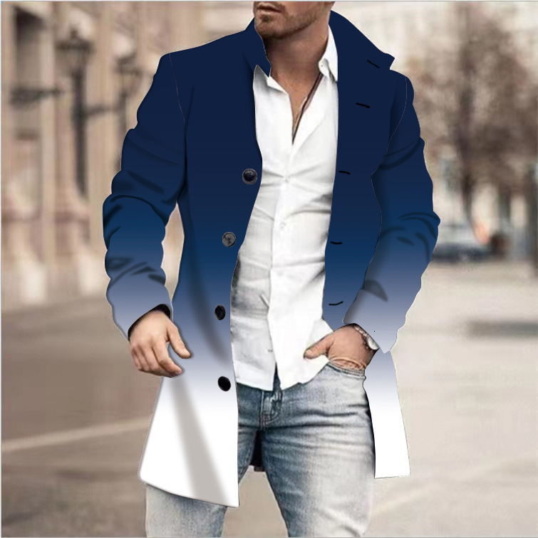 New mens 3D printed woolen stand up collar mid length casual pocket coat jacket
