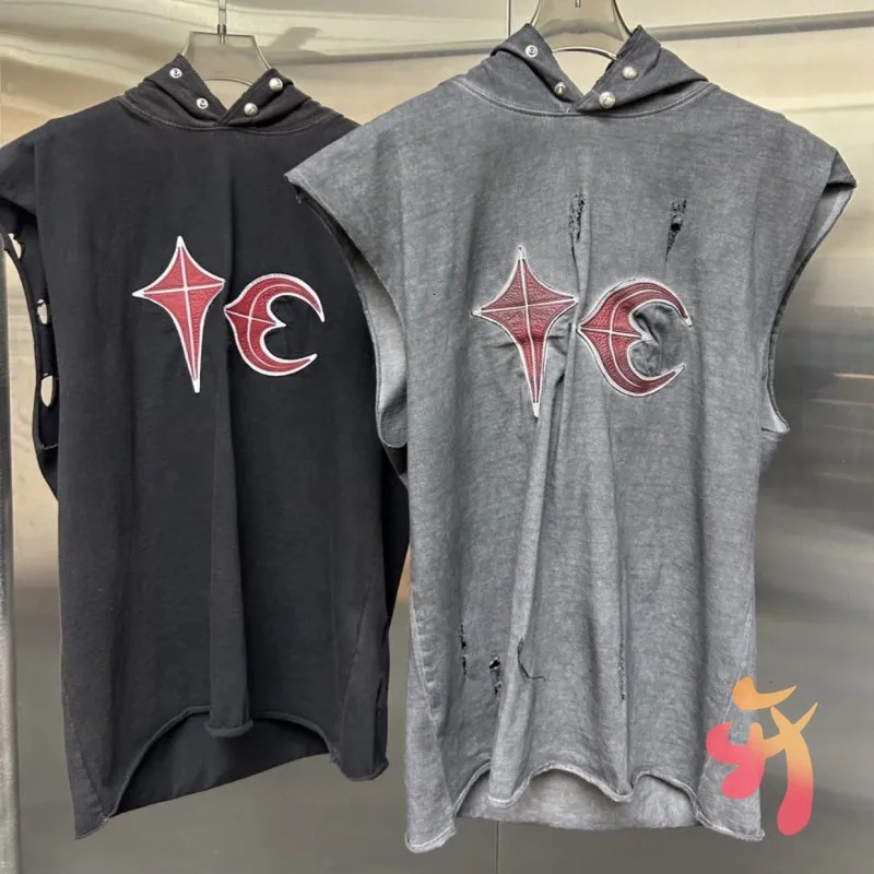 24ss Riot Club Tank Top Vinatge Wash Cut Embroidered Leather Star Moon Buckle Hooded Sleeveless Mens Tank Top 250403