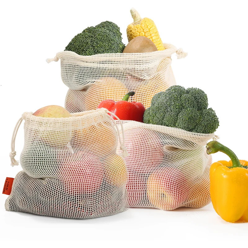 Reusable cotton mesh product bag with brushed organic durable and washable comes a grocery shopping 250401