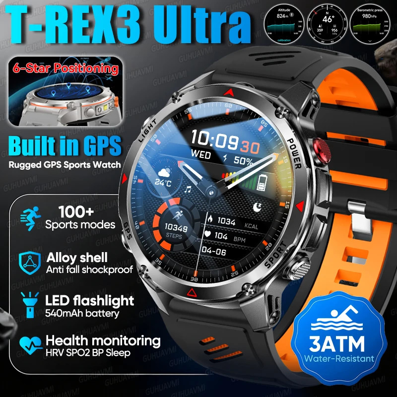 Military Grade TRex3 Sports Smart Watch Men Builtin GPS Compass Barometric Altimeter 3ATM Waterproof Swim Smartwatch 251105