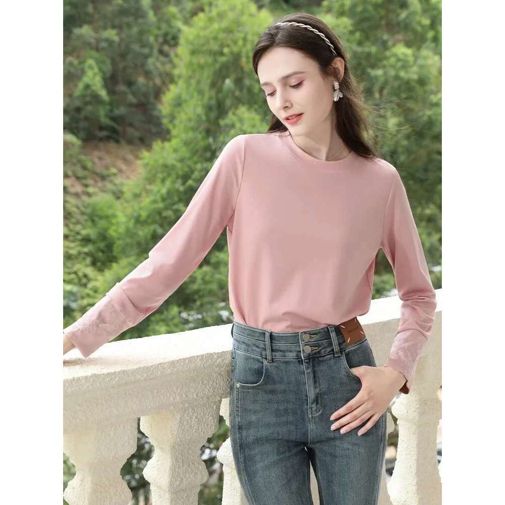 New Chinese Style Pink Embroidery Long Sleeved T-Shirt For Fall Clothes Women Slim Fit Top