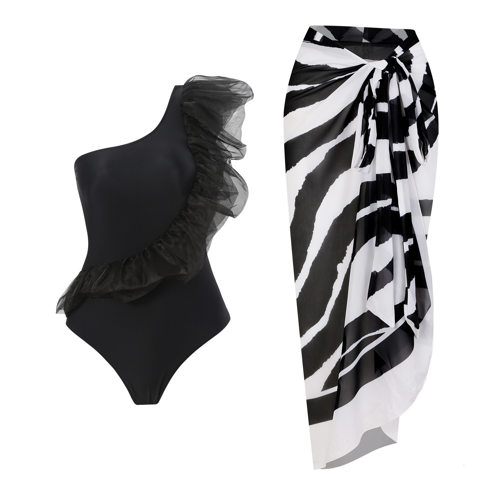 New one-piece women's one shoulder printed wrapped skirt bikini swimsuit set